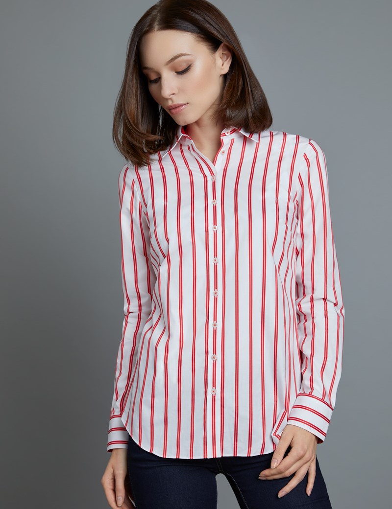 Women's White & Red Stripe Semi Fitted Shirt - Single Cuff | Hawes & Curtis