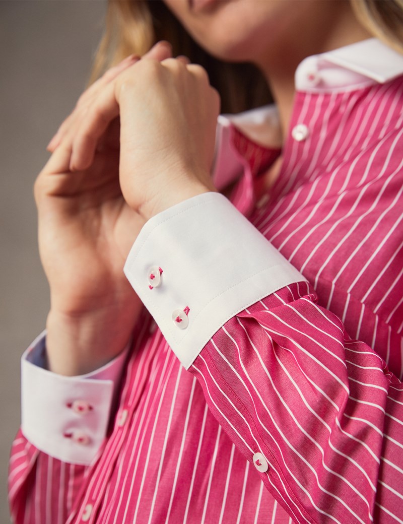 Women's Pink & White Stripe Semi Fitted Shirt With White Collar & Cuff