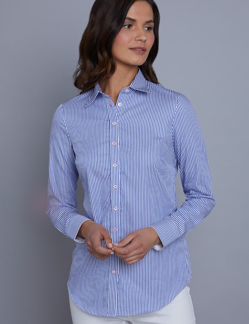 Women's Blue & White Bengal Stripe Semi Fitted Shirt - Single Cuff ...