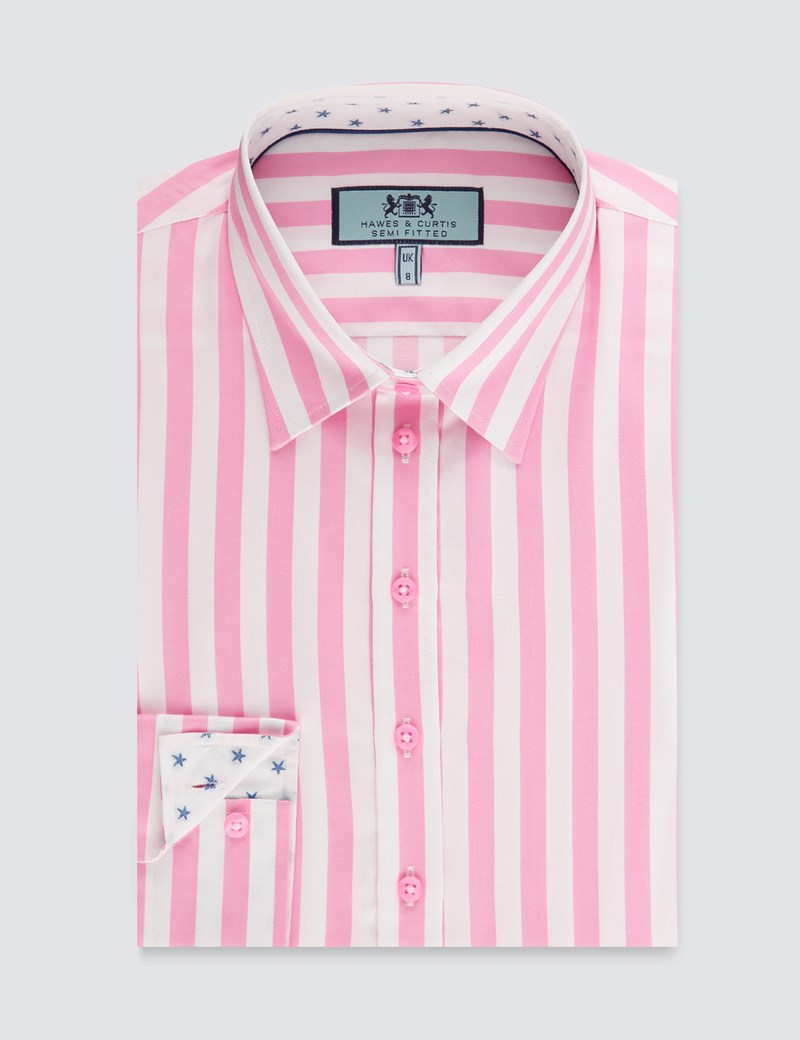 Womens Pink And White Bold Stripe Semi Fitted Shirt Single Cuff 2299