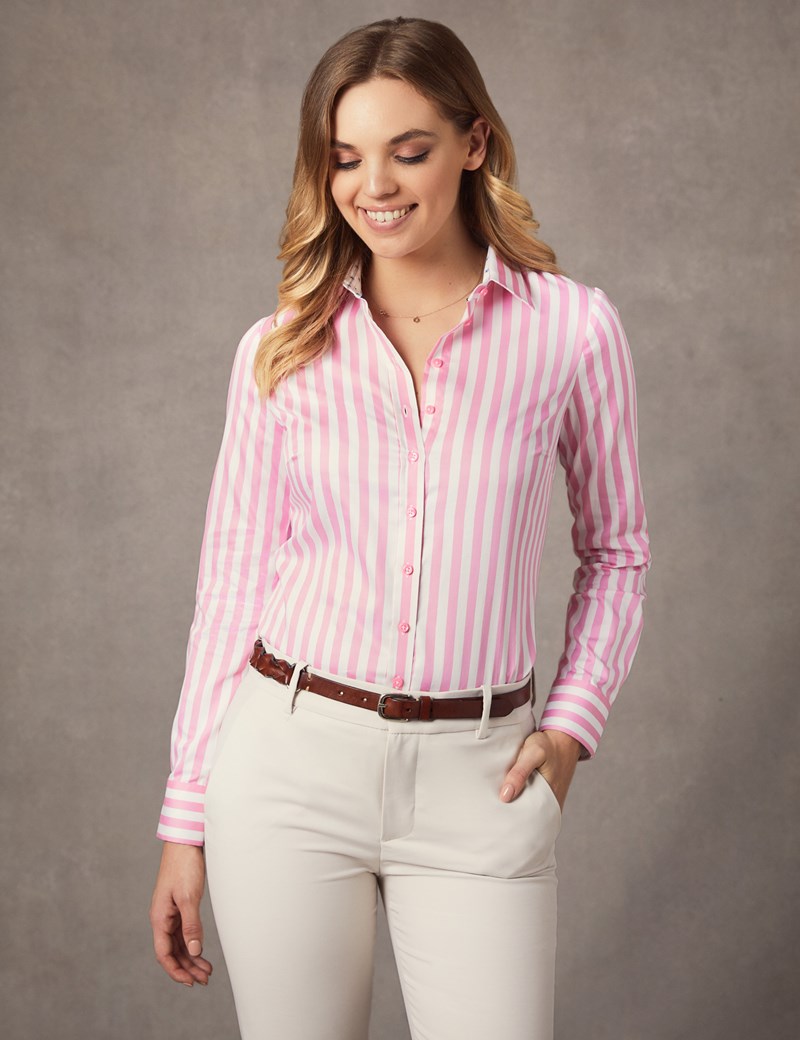 Women's Pink & White Bold Stripe Semi Fitted Shirt - Single Cuff ...