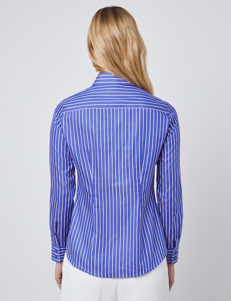 Women's Navy & White Stripe Semi Fitted Shirt - Single Cuff | Hawes ...