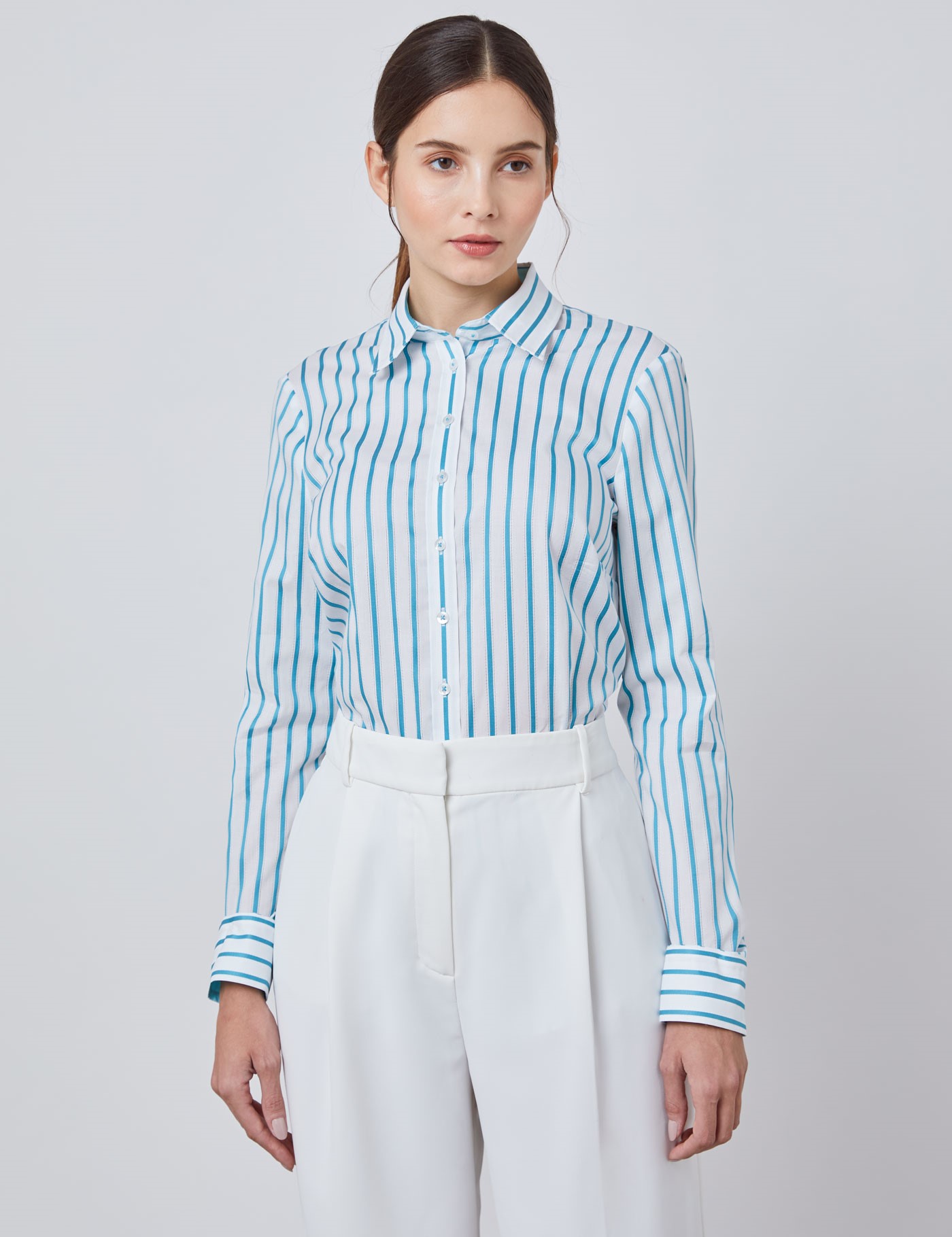 Women's Blue & White Tonal Stripe Semi Fitted Shirt - Single Cuff ...
