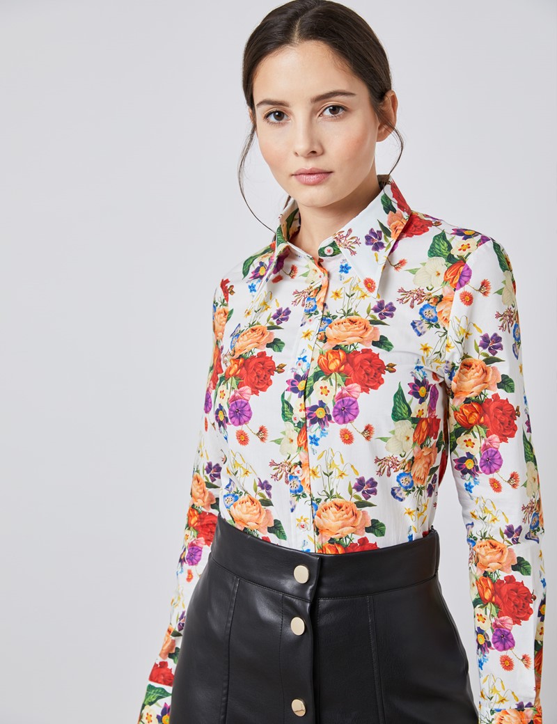 Women's White & Red Botanic Floral Semi Fitted Vintage Shirt - Single ...