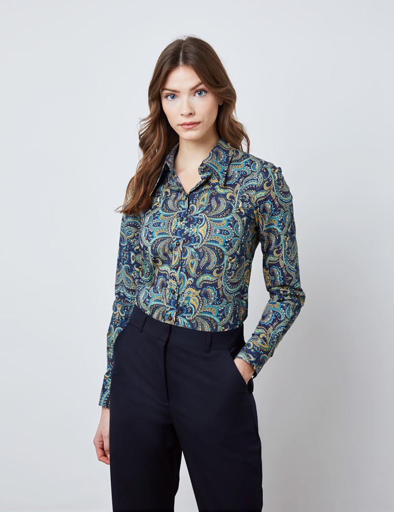 Women’s Paisley Vintage Collar Semi Fitted Blouse in Navy & Gold ...