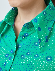 Women's Green & Navy Daisy Print Semi Fitted Shirt 