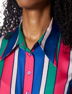 Women’s Green & Blue Multi Colour Stripe Vintage Collar Semi Fitted Blouse 