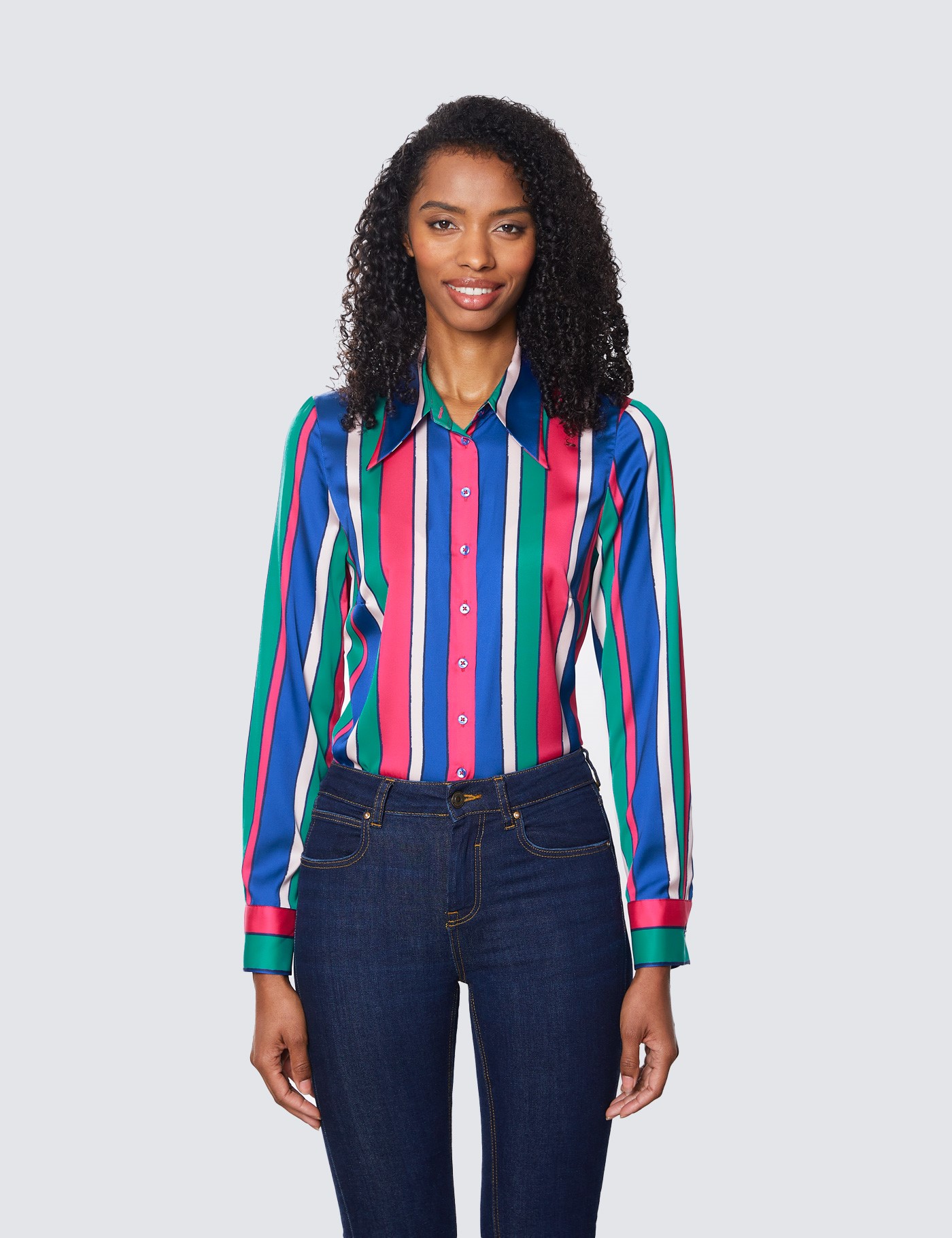 Satin Women's Vintage Collar Semi Fitted Blouse with Multi Colour Stripe in  Green & Blue | Hawes & Curtis