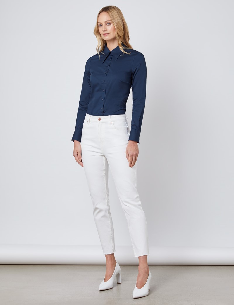 Women's Dark Blue Semi Fitted Shirt - Single Cuff | Hawes & Curtis
