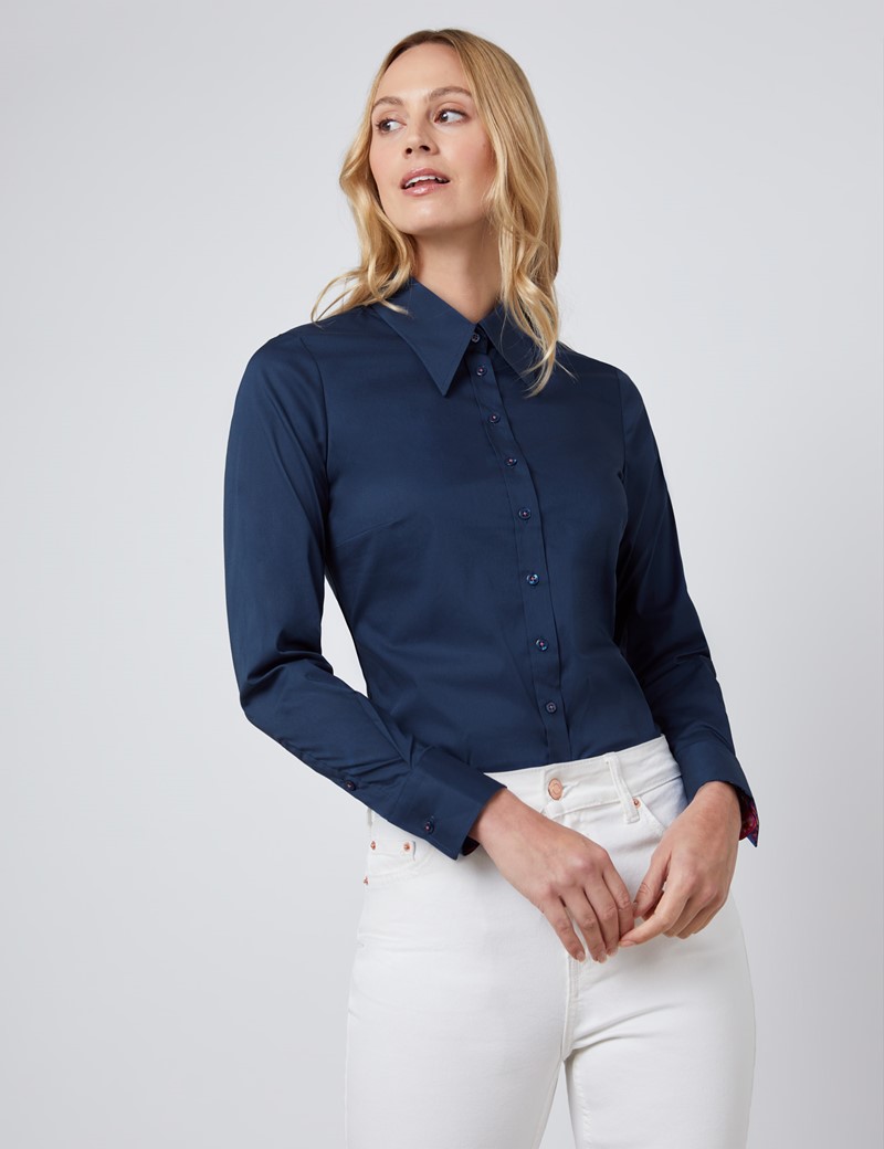 Women's Dark Blue Semi Fitted Shirt - Single Cuff | Hawes & Curtis