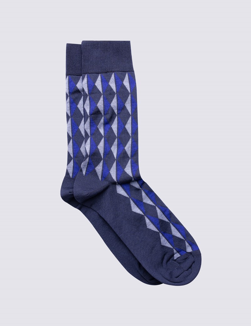 Men's Navy & Blue Diamond Geometric Print Cotton Rich Socks