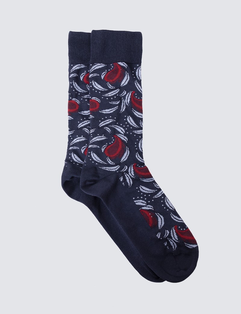 Men's Navy & Red Paisley Cotton Rich Socks