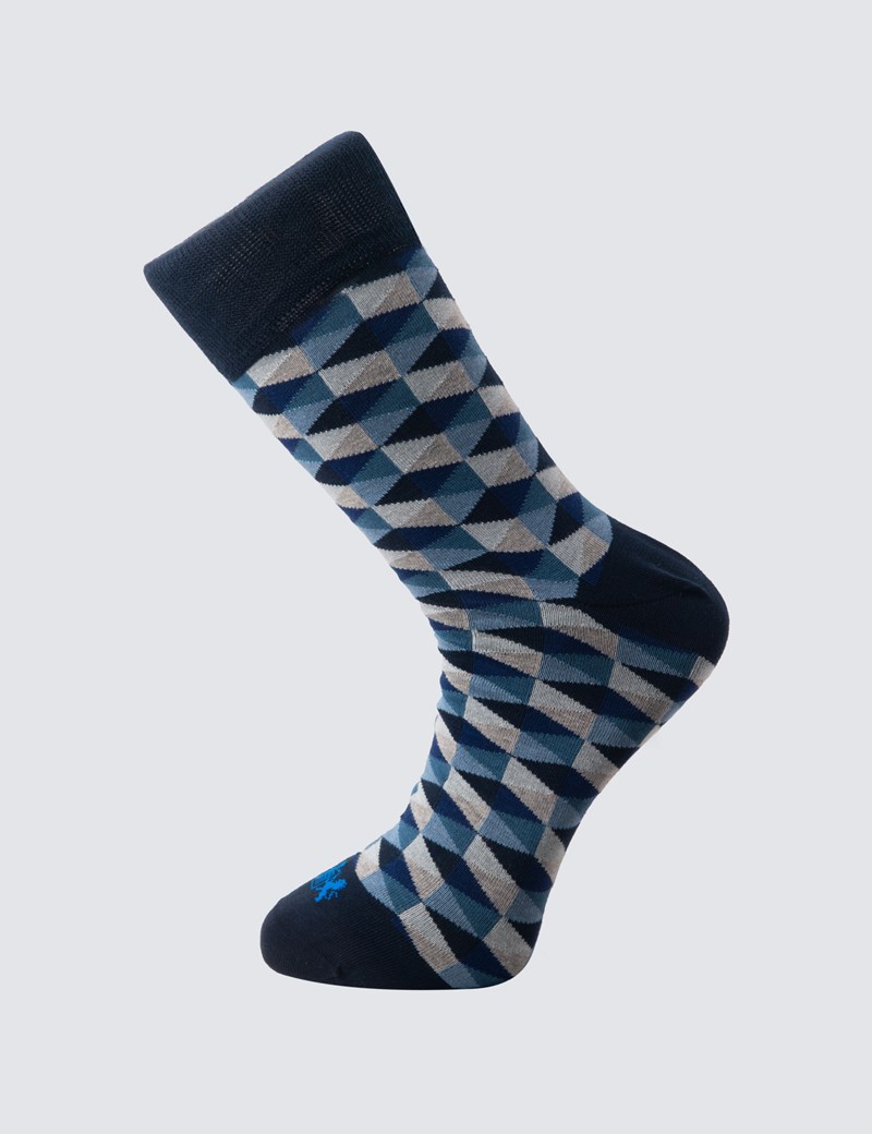 Men's Navy & Blue Geometric Cotton Rich Socks Hawes & Curtis