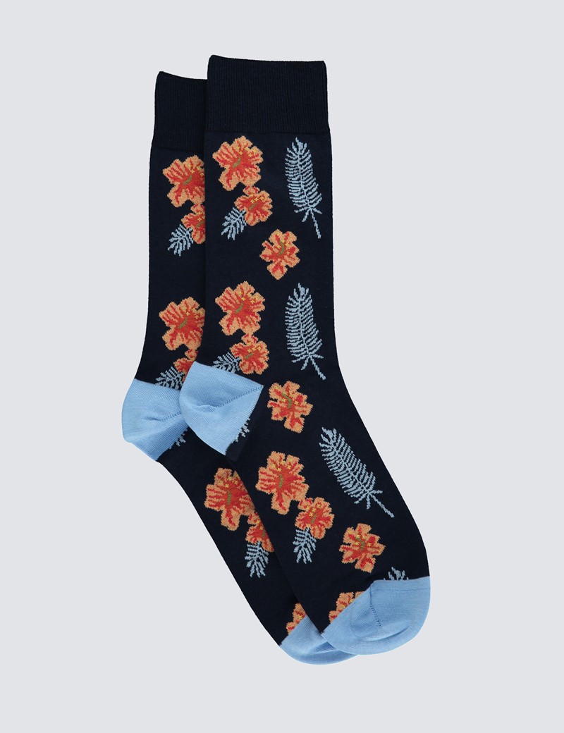 Men's Navy & Orange Tropical Cotton Rich Socks
