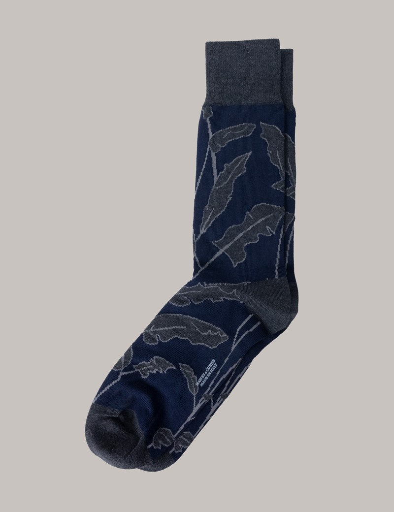 Men's Navy & Grey Tonal Leaf Cotton Socks