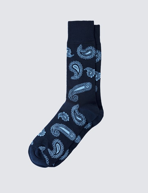 Men's Navy & Blue Paisley Print Cotton Socks