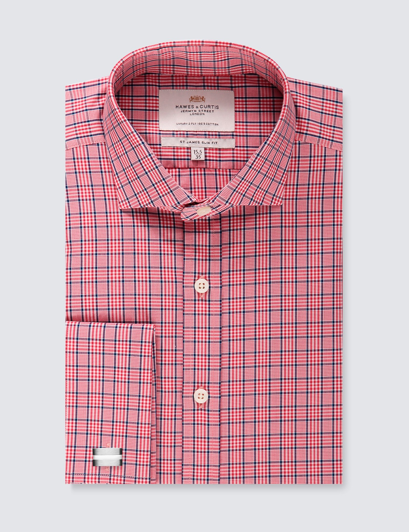 Men's Formal Red & Navy Multi Plaid Slim Fit Dress Shirt - Windsor Collar - French Cuff - Easy 