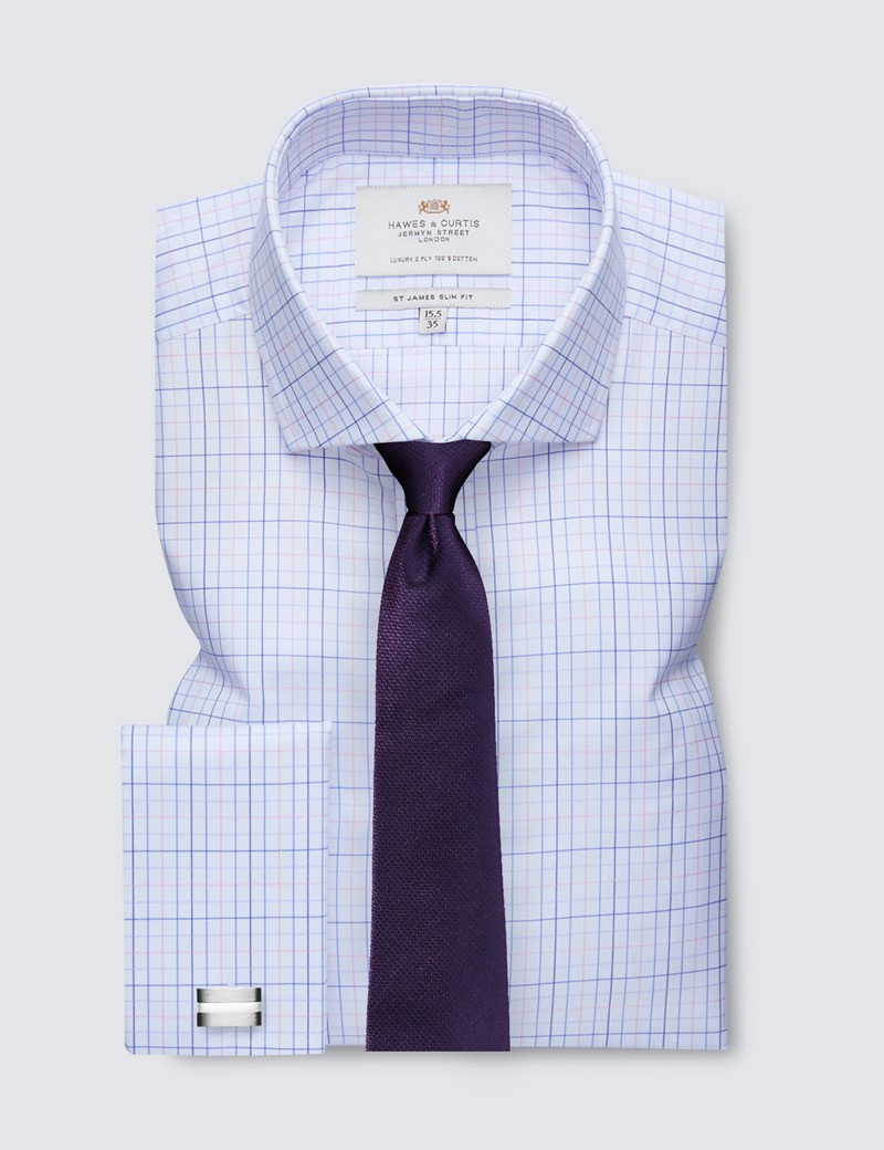 Men's Formal Blue & Pink Checked Slim Fit Shirt - Windsor Collar - Double Cuff - Easy Iron