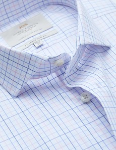 Men's Dress Blue & Pink Checked Slim Fit Shirt - Windsor Collar - French Cuff - Easy Iron