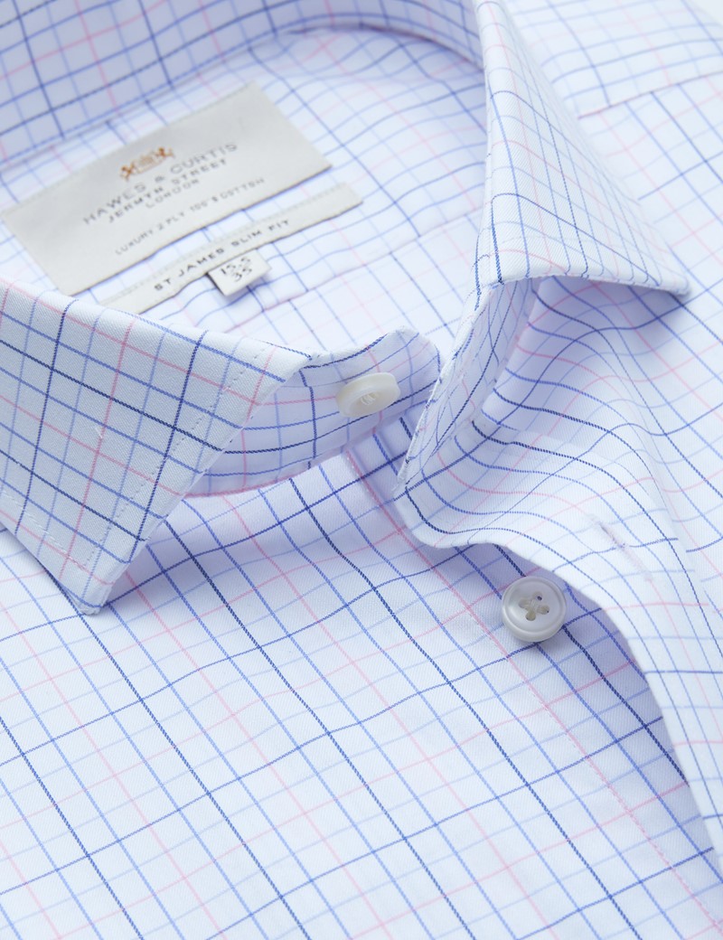 Men's Business Blue & Pink Checked Slim Fit Shirt - Windsor Collar - Double Cuff - Easy Iron