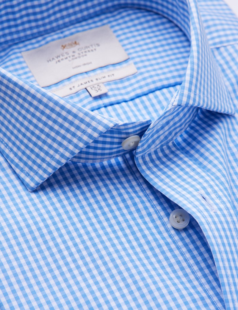 Men's Business Blue & White Gingham Check Slim Fit Shirt with Windsor Collar and Double Cuffs - Non Iron