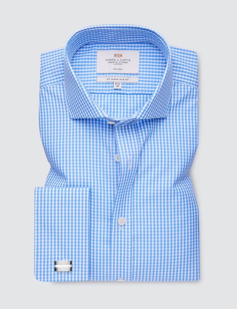 Men's Business Blue & White Gingham Check Slim Fit Shirt with Windsor Collar and Double Cuffs - Non Iron