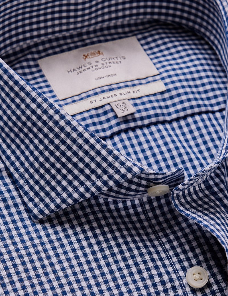 Men's Non-Iron Navy & White Gingham Check Slim Shirt - Windsor Collar ...