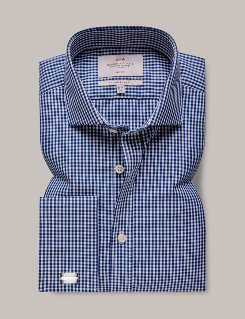 Men's Non-Iron Navy & White Gingham Check Slim Shirt - Windsor Collar ...