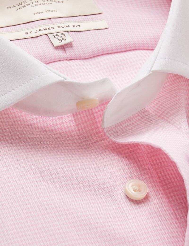 Non-Iron Pink & White Dogtooth Slim Shirt With White Collar and Cuffs ...