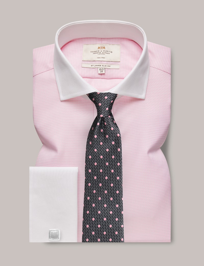 Non-Iron Pink & White Dogtooth Slim Shirt With White Collar and Cuffs ...