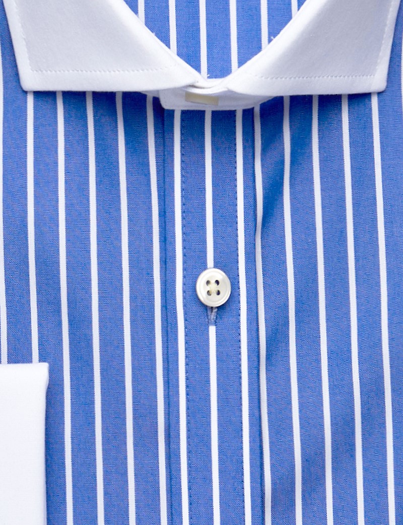 Mens Formal Royal Blue And White Tonal Stripe Slim Fit Shirt Double Cuff Windsor Collar Non 