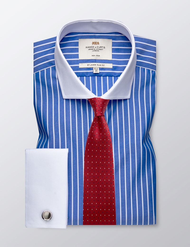 Men's Business Royal Blue & White Tonal Stripe Slim Fit Shirt - Double ...