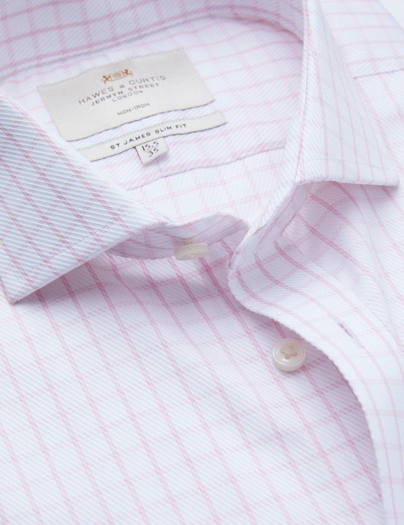 Non Iron Pink & White Textured Check Slim Fit Shirt with Windsor Collar - Double Cuff