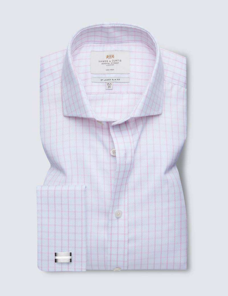 Non Iron Pink & White Textured Check Slim Fit Shirt with Windsor Collar - Double Cuff