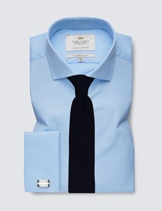Men's Formal Blue Poplin Slim Fit Shirt - Windsor Collar - Double Cuff - Easy Iron