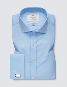 Men's Business Blue Poplin Slim Fit Shirt - Windsor Collar - Double Cuff - Easy Iron