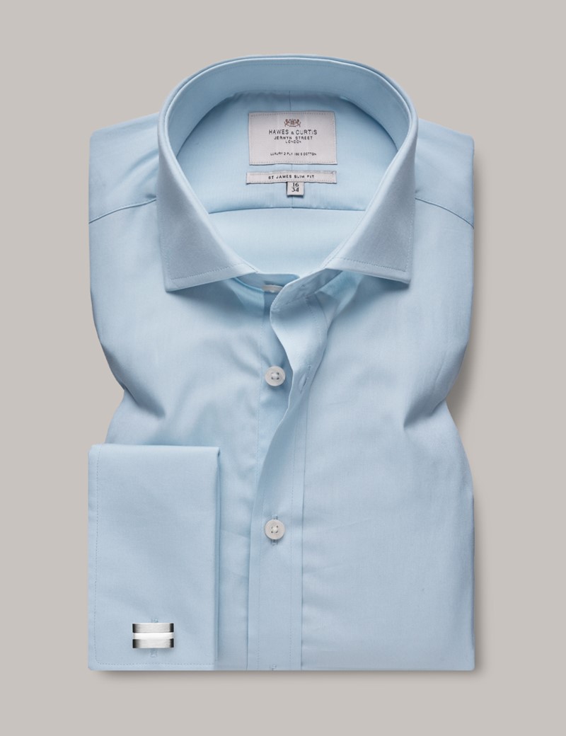 Men's Blue Poplin Slim Shirt - Windsor Collar - Double Cuff | Hawes and ...