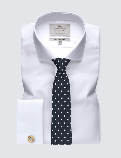 Easy Iron White Poplin Relaxed Slim Fit Shirt With Windsor Collar - Double Cuffs