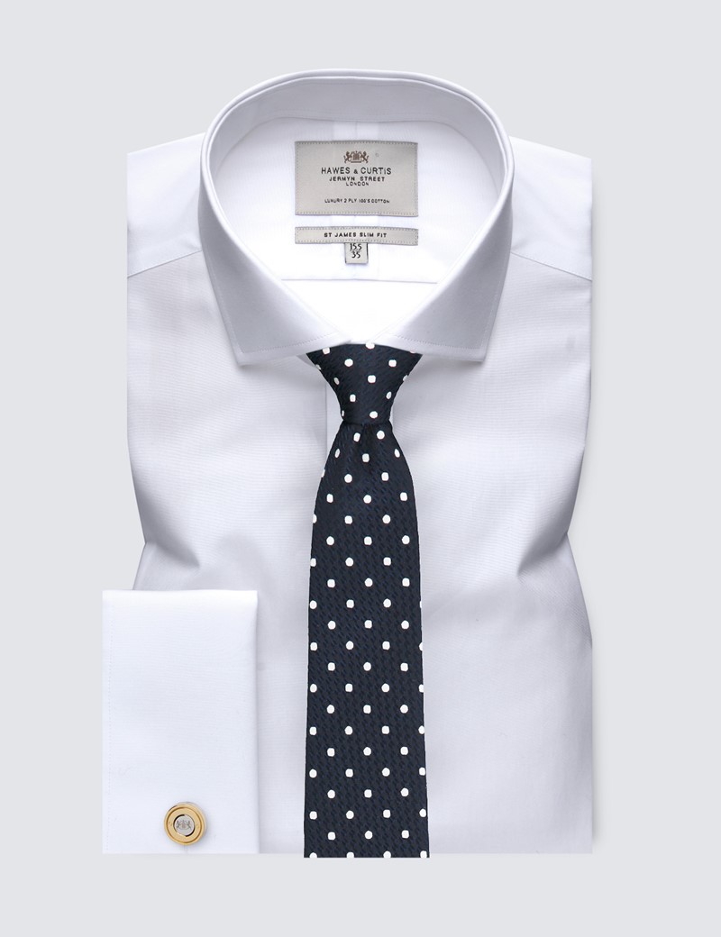 Men's  White Poplin Slim Fit Business Shirt - Windsor Collar - Double Cuff - Easy Iron