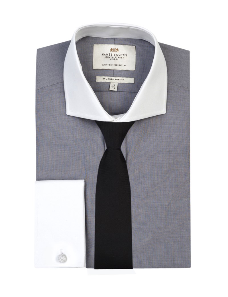 Men's Plain Grey End on End Slim Fit Dress Shirt With Contrast Collar