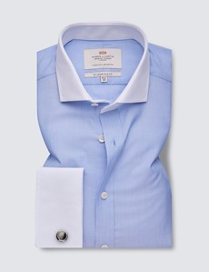 Easy Iron Blue End on End Relaxed Slim Fit Shirt with Windsor Collar - Double Cuffs