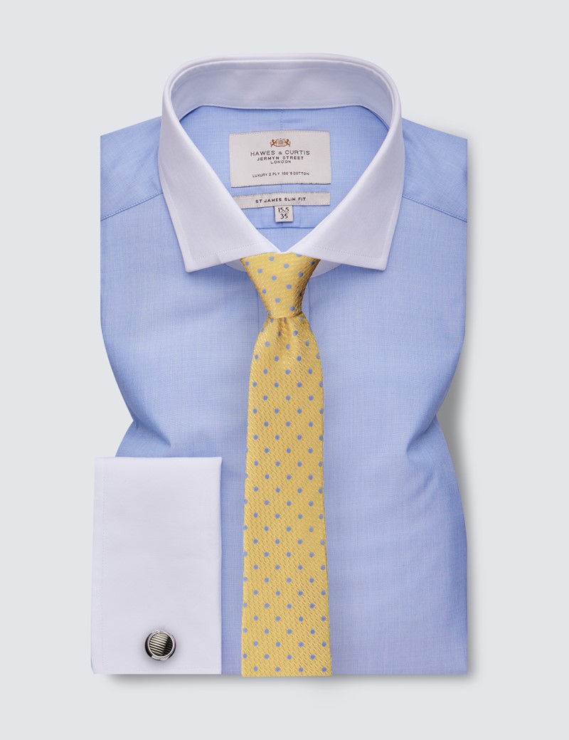Easy Iron Blue End on End Relaxed Slim Fit Shirt with Windsor Collar - Double Cuffs