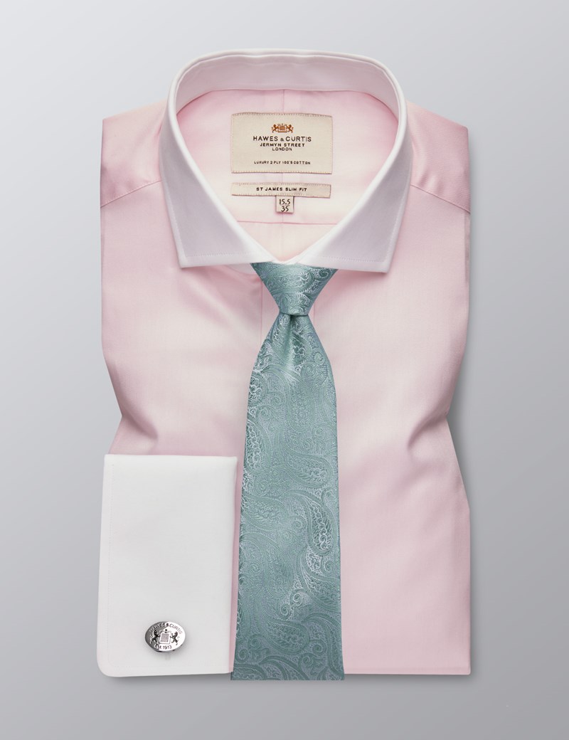 Men's Business Pink Fine Twill Slim Fit Shirt - Double Cuff - Windsor Collar - Easy Iron