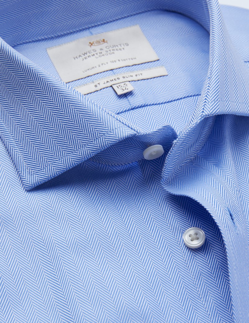 Easy Iron Blue Herringbone Slim Fit Shirt with Windsor Collar - Double Cuff