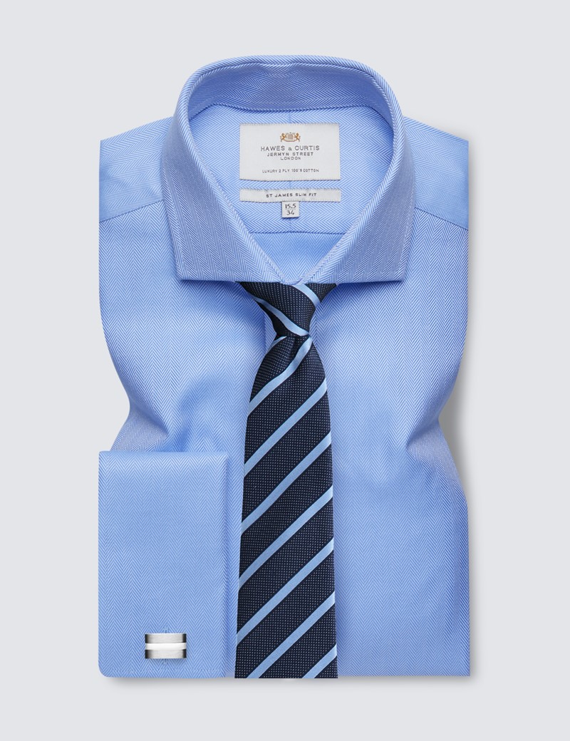 Easy Iron Blue Herringbone Slim Fit Shirt with Windsor Collar - Double Cuff