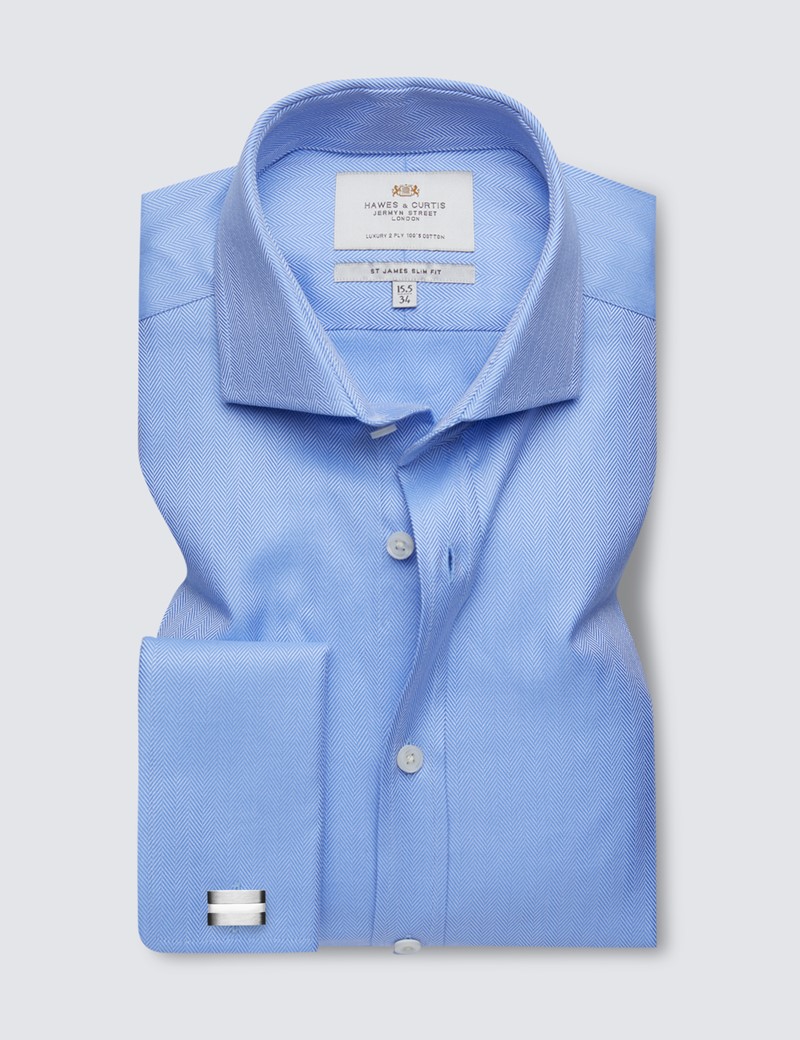 Easy Iron Blue Herringbone Slim Fit Shirt with Windsor Collar - Double Cuff