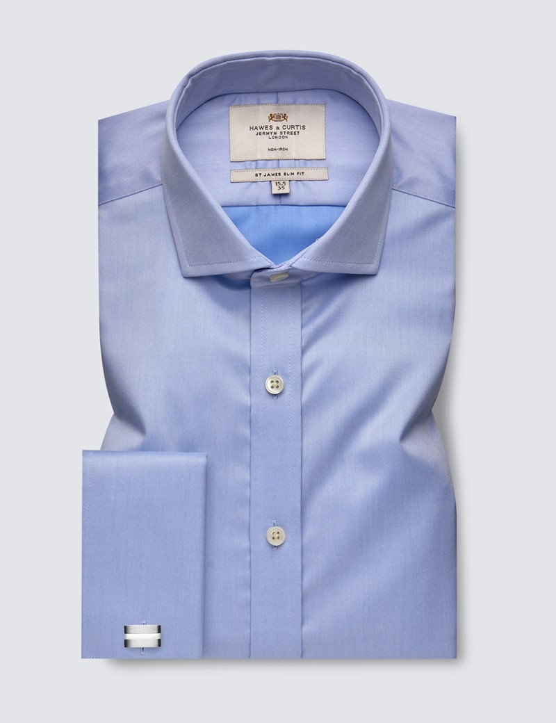 Men's Business Blue Twill Slim Fit Shirt with Windsor Collar and Double Cuffs - Non Iron