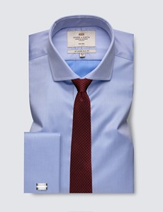 Men's Formal Blue Twill Slim Fit Shirt with Windsor Collar and Double Cuffs - Non Iron