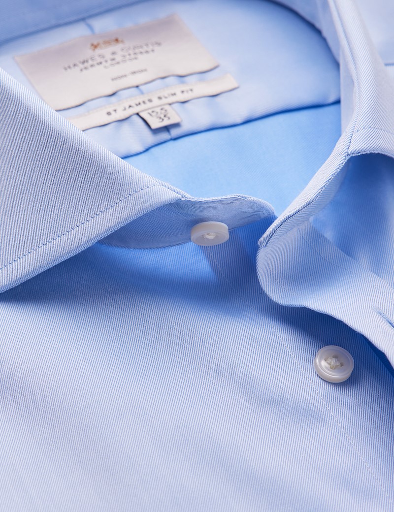 Men's Formal Blue Twill Slim Fit Shirt with Windsor Collar and Double Cuffs - Non Iron
