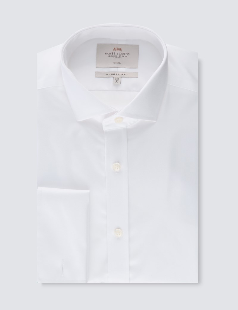 Men's Business White Twill Slim Fit Shirt - Double Cuff - Windsor Collar - Non Iron